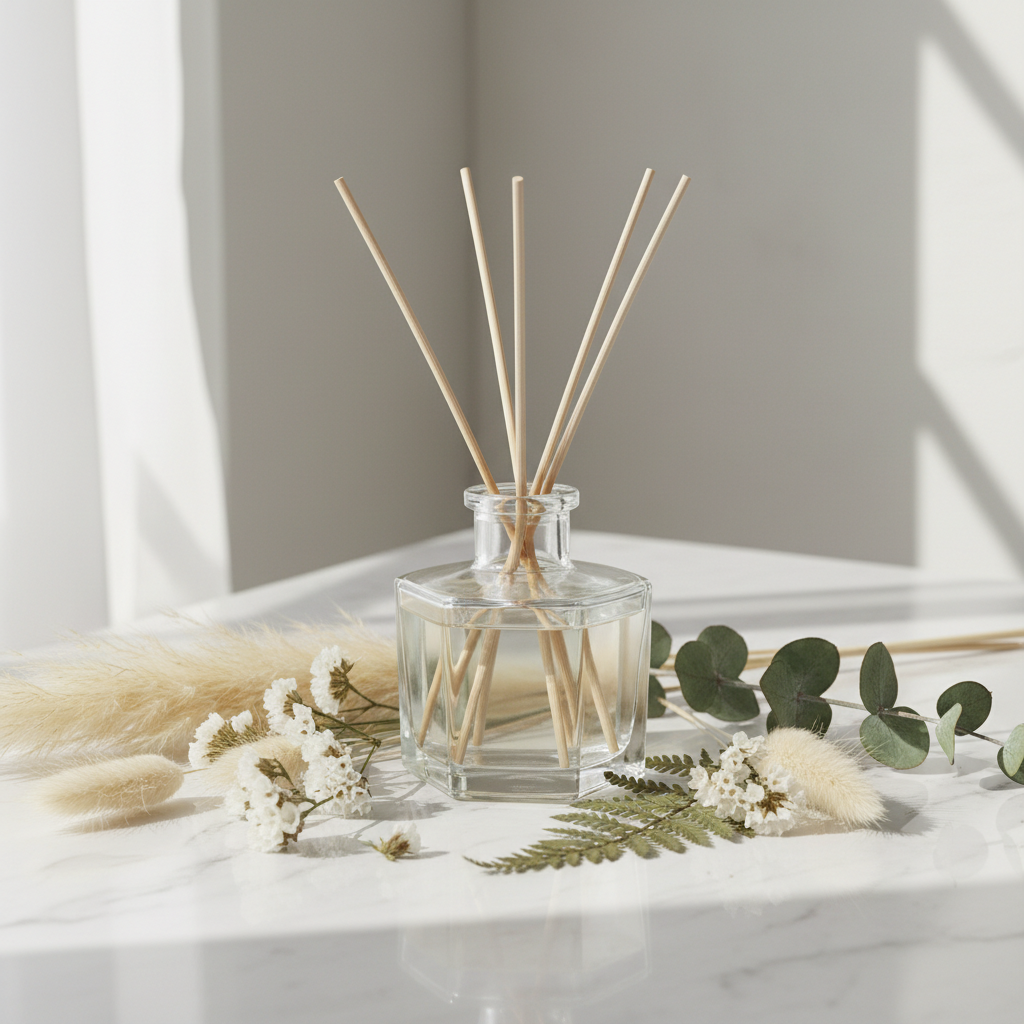 Reed diffuser with rattan sticks and botanicals