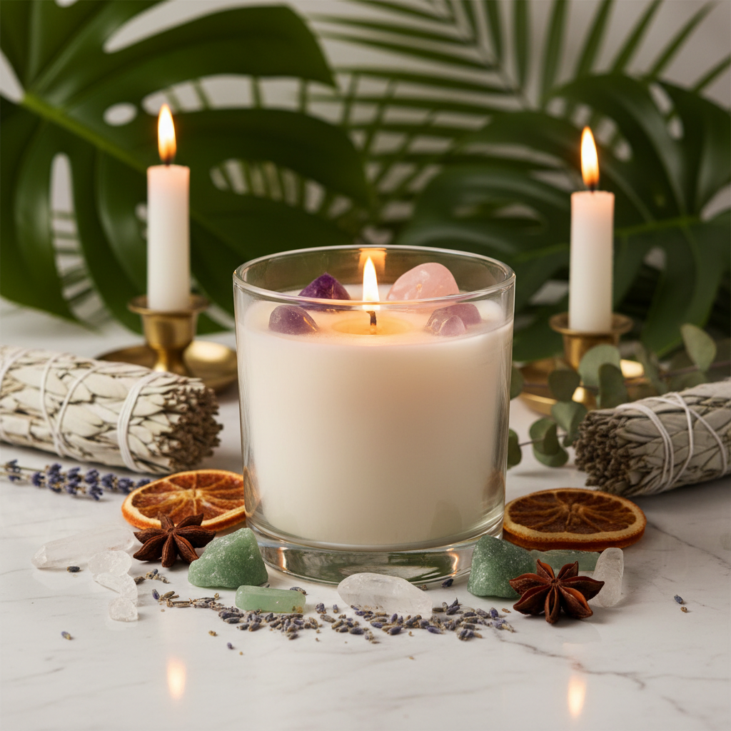 Aromatherapy candle with crystals and botanicals